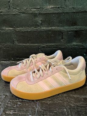 Adidas Girls Pink and Cream Suede Sneakers with Gum Sole